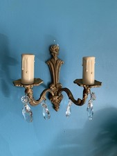 Vintage French Brass Wall Light Scounces 2 Arm Crystal Drops Rococo Style