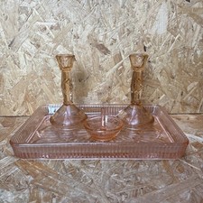 Vintage Pink Pressed Glass Dressing Table Vanity Set Tray Candlestick Ring Stand