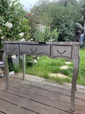 Elegant Silver Embossed Vintage-Style Table with 3 Drawers.