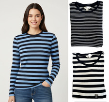 Ladies Marks Ribbed Striped Top Crew Neck Cotton Long Sleeve Navy Fitted Rib NEW