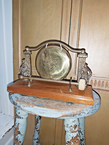 Antique brass gong wooden - antique,