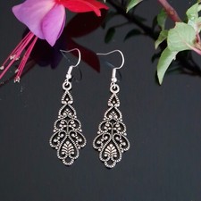 Dangle Drop Peacock Feather Tibetan Antique Silver Earrings  (3)