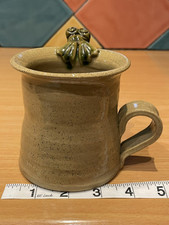 Unusual Studio Pottery Frog Mug With Cute Green Frog Climbing Into The Top