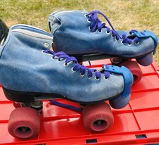 Vintage 80s USA Quad Roller Skates  Blue Suede Leather Ladies Size 7