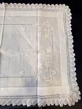 Antique Linen Table Mat Runner  Whitework Embroidery Crochet Edge 74x 52cm G84