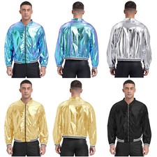 Mens Jacket Streetwear Coat Zipper Outerwear Shiny Tops Glitter Clubwear Hiphop