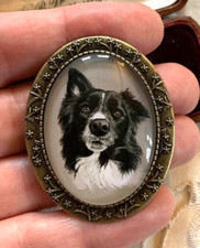 Lovely BORDER COLLIE Dog Painted Print  Vintage Effect Cameo Brooch - BN
