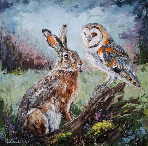 Hare barn owl painting - hare,