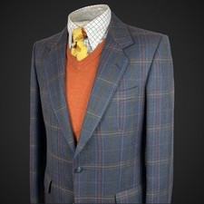 Reid & Taylor Tweed Jacket 38R Blazer Sport Coat Navy Blue Check Magee Wool