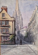 original watercolour painting of St Marys church/Oriel college Oxford