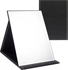 Portable Folding Large Makeup Mirror Black PU Leather Travel Mirror with Stand