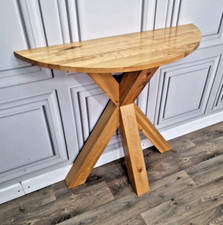 Rustic Solid Oak Wooden Scandinavian Hall Half Moon Console Table - X Star Base