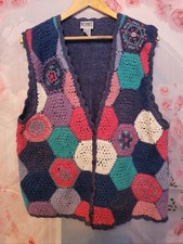 Vintage Koret City Blues Patchwork Crochet Vest Cardigan Size L 90s Y2K Knitwear