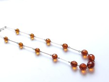 Vintage Art Deco faceted Amber Art Glass Bead Necklace Rolled Gold Links