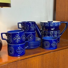 Portmeirion Totem Blue Cobalt Tea Coffee Set, Tea Pot, Cups, Mid Century Modern