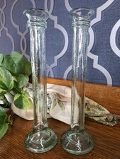 11 Inch Green Glass Taper Candle Holder Long Stem Clear Glass Vintage Handmade