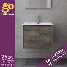 600 Brown Wall Hung Vanity Unit & White Basin Wash Sink Drawer Bathroom Cabinet