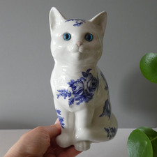Large Vintage Cat Figurine Ornament Floral Blue Glass Eyes Cats & Co Stoke