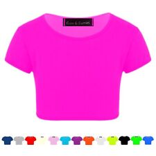 Girls Kids Crop Top Plain Short Sleeves T-shirt Dance Belly Shirt 3-14 Years