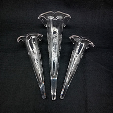 Antique Car Bud Vases Matching Set of 3 Etched Cut Glass C. 1920s Flower Petal