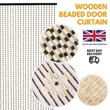 Wooden Beaded Door Curtains with Hook Rings in Natural Wood