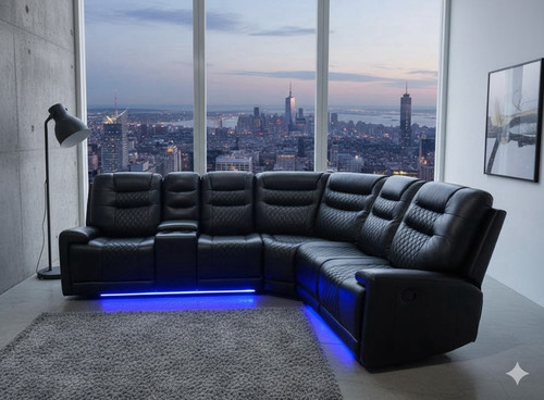 Black leather corner sofa - leather, with