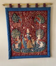 Large Lady & Unicorn Medieval Scene Wall Hanging Tapestry with Brass Stair Rod