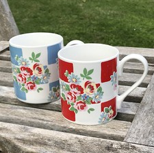 Cath Kidston Floral Flower Check White Daisy Rose Larch Mugs Cups Pair Blue Red