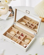 Vee Jewelry Box with Lid Organizer with big Mirror And Storage PU Leather White