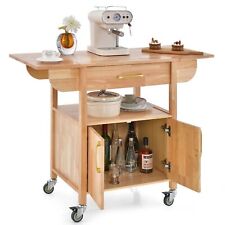 Wood Drop-Leaf Kitchen Storage Trolley Cart Rolling Island Shelves Cupboard
