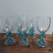 6 X Helen Millard Studio Glass Goblets Wine Glasses Blue Green Fish ExCon