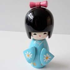 🍀Traditional Japanese Kokeshi  WOOD Doll Wearing  Blue KIMONO 14 Cm High 