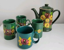 Canal Ware Green Floral Coffee / Tea Pot Hand Painted By Anne Bayston w/ 4x mugs
