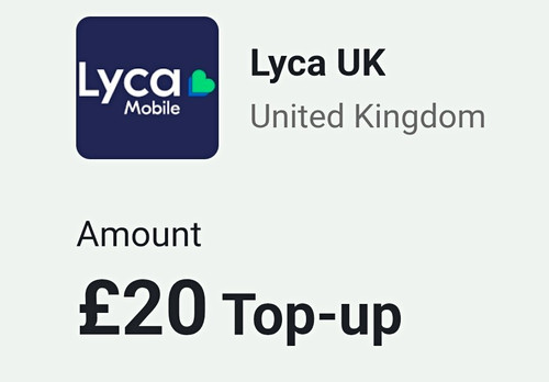 Lyca mobile top up - uk, £20