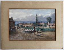 Antique Watercolour Painting – Village Scene with Shepherd, Sheep & Cottages