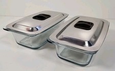 2 x Vintage Retro Hostess Tray Trolley Glass Veg Serving Warming Dish Metal Lid 