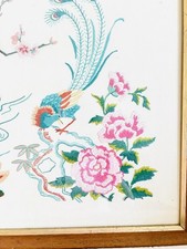 Large Vintage Art Deco Framed Linen Embroidery Peacock Floral Blossom Design