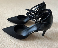 Black Suede & Leather Ankle Strap High Stiletto Court Shoes, UK 3, Wide Fit, New