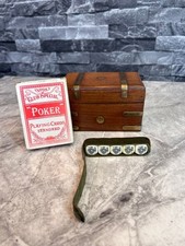 Vintage Poker Game Set, Possibly Antique Box, Brass Trim, Cards And Rare Dice