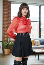 Sheer Red Long Sleeve Tie Neck