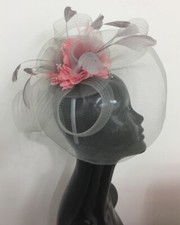 Silver Grey and Dusty Pink Fascinator Hat Hatinator Headband Hair Clip Wedding
