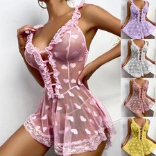 Womens Sexy Lace Nightdress Lingerie Babydoll Ladies See-through Nightwear PJs