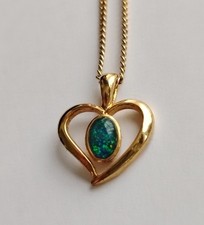 Lovely Gold Signed 925 Sterling Silver Black Opal Heart Necklace 18"