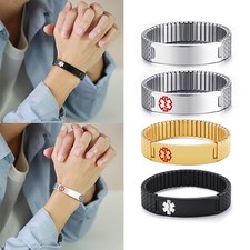UK Women Men Medical Alert ID Name Spring Stretch Bracelet Bangle Free Engraving