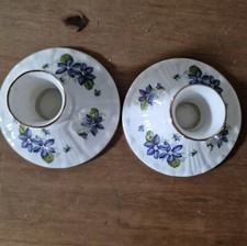 Vintage Royal Grafton Jacobean China Candlestick Pair Violets Flowers Purple NOF