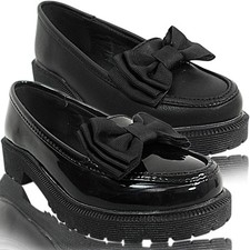 NEW WOMENS GIRLS CHILDRENS LOW HEEL BOW LOAFERS PUMPS DOLLY SCHOOL SHOES SIZE