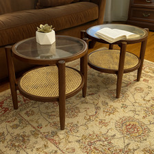 2x Rattan Side Table Round Two Tier Living Room Bedroom Furniture Tempered Glass