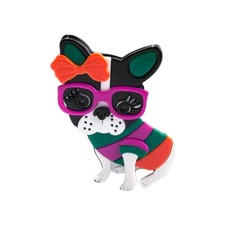 Modern Arcrylic Handmade BROOCH 3D Cool French Bulldog Puppy Bow Dog Coat BN