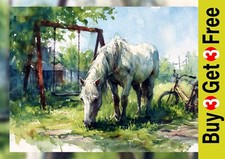 White horse grazing watercolor - horse,