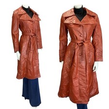 VTG 60S 70S RED BROWN BOHO WESTERN LEATHER PLAITED TRENCH MAC COAT JACKET 10